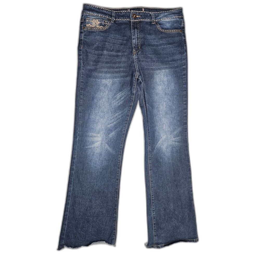 Love & Karma Women's Embroidered Cross Jeans Size 15/32 Y2K Western Raw Hem